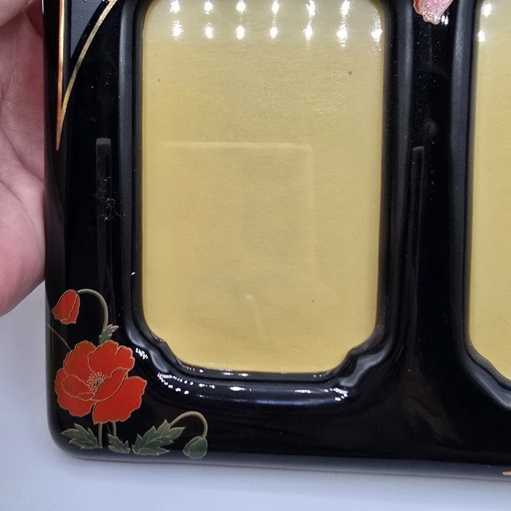 Vintage Double Photo Frame Black Ceramic Red Flowers Bird Japan Holds 4.5x3